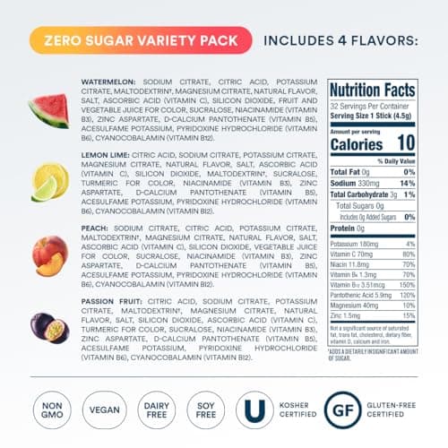 DripDrop Sugar Free Hydration Packets - Zero Classic Variety Pack - Single Serve Electrolytes Powder Drink Mix - Lemon Lime, Watermelon, Peach, Passion Fruit - Non-GMO, Gluten Free, Vegan - 32 Sticks view 5
