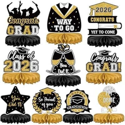 10Pcs Graduation Decorations 2026 Class of 2026 Congrats Grad Table Centerpieces Congratulate Graduation Honeycomb Table Toppers for Graduation Party Supplies 2026 Graduation Party Decorations Black