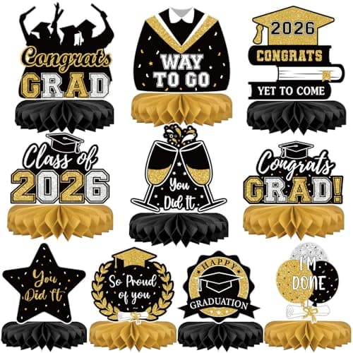 10Pcs Graduation Decorations 2026 Class of 2026 Congrats Grad Table Centerpieces Congratulate Graduation Honeycomb Table Toppers for Graduation Party Supplies 2026 Graduation Party Decorations Black — image 1