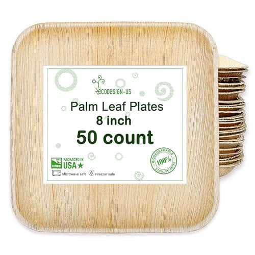 ECODESIGN-US Palm Leaf Plates 50 Count - 8" Square Disposable Heavy Duty Dinnerware - Appetizer and Dessert Plates for Weddings, Catering, Parties — image 1