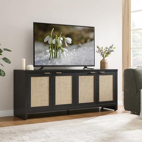 SICOTAS TV Stand for Living Room Boho Entertainment Center for Bedroom with 4 Rattan Cabinets Farmhouse Television Stands with Storage Large Media Console Table for TVs up to 65 Inch view 2