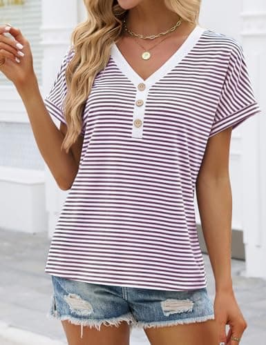 JUSTFASHIONNOW Womens Striped Henley T Shirts Short Sleeve V Neck Summer Tops 2026 Button Front Dressy Casual Blouses view 4