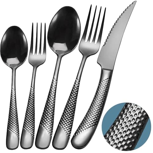 Runfly 20 Piece Hammered Black Silverware Set, 18/10 Stainless Steel Flatware Set, Modern Kitchen Utensil Set Service for 4, Tableware Set, Cutlery Set Including Fork Spoon and Knife — image 1