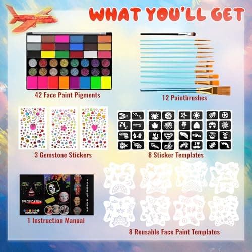 42 Color Face Paint Kit for Kids – Non-toxic Water-Based Makeup Palette with Stencils, Brushes & Gems – Face Painting Kit for Kids Ideal for Halloween, Parties, Festivals, Body Art & More view 2