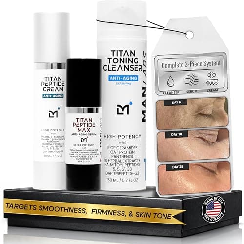 Man Labs Titan Peptide 3-Piece Anti-Aging Mens Skin Care Kit – Mens Face Serum, Men Face Moisturizer, Wash – Men, Skin Care Set –Dark Spots, Wrinkles, Fine Lines –Vitamin C, Niacinamide, HA –Unscented