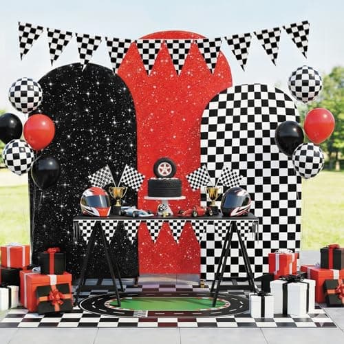 3PCS Arch Backdrop Cover Set (4,5,6FT) for Monster Truck Car Birthday Party Decorations, Boys Race Car Theme Background with Checkered Arch Covers view 6