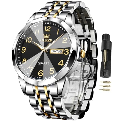 OLEVS Mens Watches Business Dress Diamond Analog Quartz Date Number Wristwatch Black Casual Stainless Steel Waterproof Luminous Two Tone Gift Watch for Men