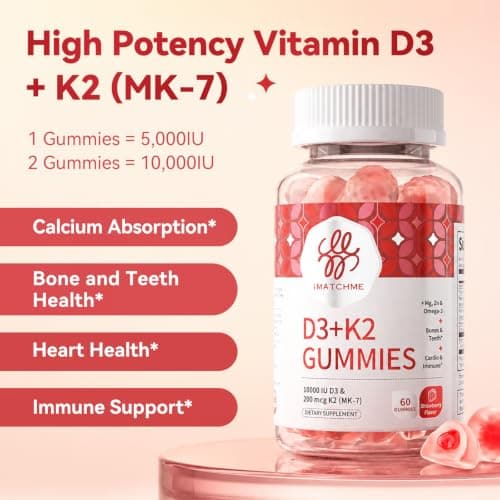 Vitamin D3 K2 Gummies, 5,000 IU / 10,000 IU D3 + 200 mcg MK-7, 120 Count | 6-in-1 Formula with Omega-3, Magnesium & Zinc for Enhanced Absorption. Supports Bone, Teeth & Heart Health, Sugar-Free Vegan view 3