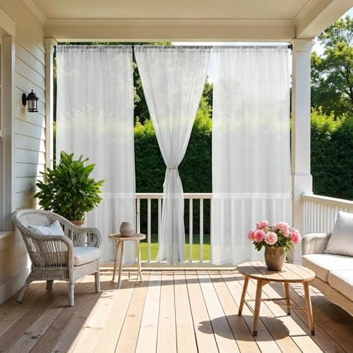 HolidayIdeas All Weather White Outdoor Sheer Curtains for Patio Waterproof 6 Pcs Rod Pocket Indoor Sheer Voile Curtains for Porch, Balcony, Gazebo, Pergolas, 54x84 Inch view 2