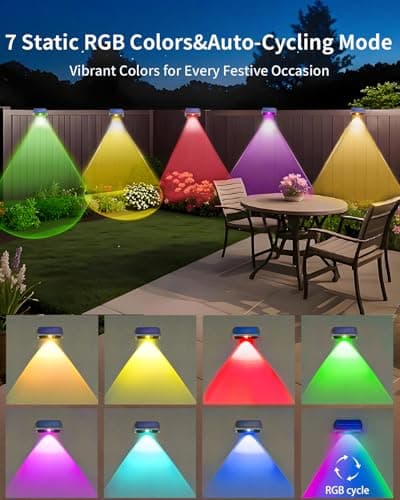EGOBOO Solar Fence Lights Outdoor Waterproof 12 Pack, 7 Fixed Colors＆RGB Cycling Mode for Holiday Decor, Outside Solar Powered Backyard Lighting for Deck/Wall/Railing/Step/Patio/Pool Porch view 2