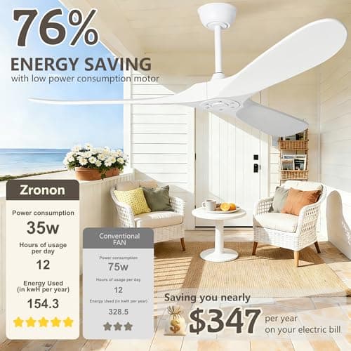 Zronon 72 Inch White Ceiling Fan No Light, Wood Outdoor Ceiling Fans without Lights for Patios Gazebo Porch Living Room, Modern Exterior Extra Large High CFM Ceiling Fan No Light with Downrod view 2
