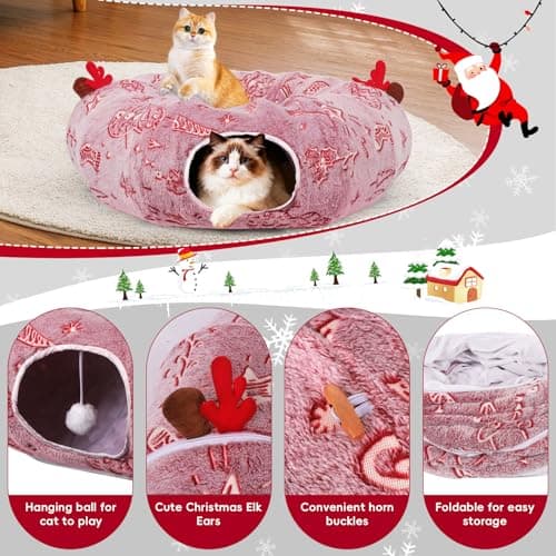 Cat Tunnel Christmas Tree Skirt, Cat Tunnel Bed, Cat Donut Tunnels Bed for Indoor Cats, with Washable Cushion, Hanging Toy Ball, Christmas Tree Protector & Decoration view 4