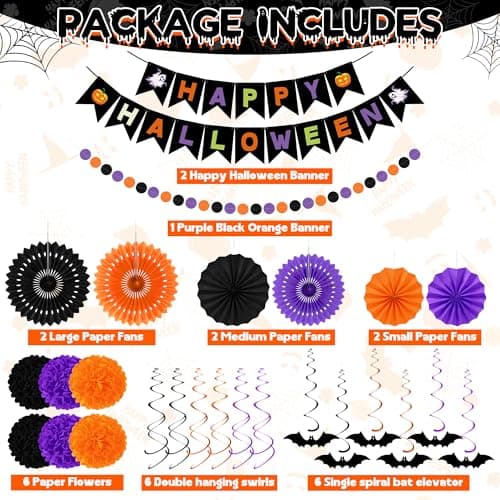 26PCS Halloween Party Decorations, Purple Black Orange Paper Fans Set, Halloween Pompom Banner Garland Fans Hanging Swirls for Trick or Treat Party Decor Accessories Indoor Outdoor Home Decorations view 3