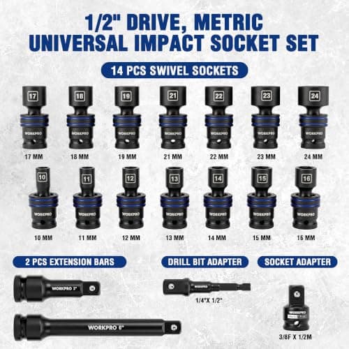 WORKPRO 18 PCS 1/2" Drive Impact Swivel Socket Set, Universal Joint Socket | Metric Wobble Socket Set (10-24mm) with 3", 6" Extension Bar, Socket Adapter, Drill Bit Adapter, CR-MO & S2, Standard 6 Point view 2