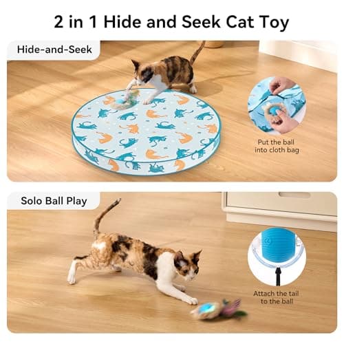 ZOMISIA Interactive Cat Toy Ball, Hide and Seek Cat Toys in Play Mat, Moving Rolling Kitten Toys for Indoor Bored Cats, Motion Activated Rechargeable Kitty Toys with 3 Tails/LED Light/Bird Chirping view 2