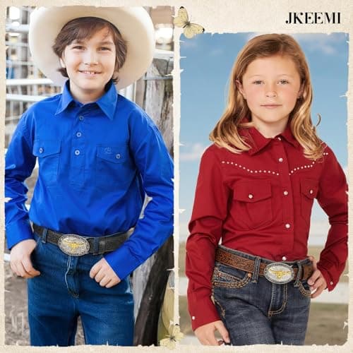 JKEEMI Kids Cowboy Cowgirl Belt, Western Genuine Embossed Leather Belt Bull Horse Eagle Buckle for Gift Daily Costumes view 4