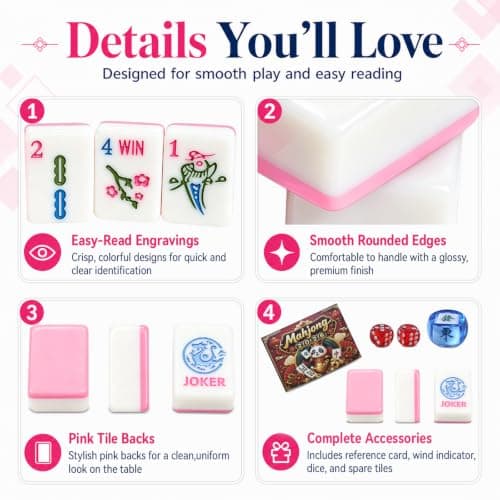 American Mahjong Tile Set, 1.2 in 166 Pink Mini Travel Mahjong Complete Set view 4