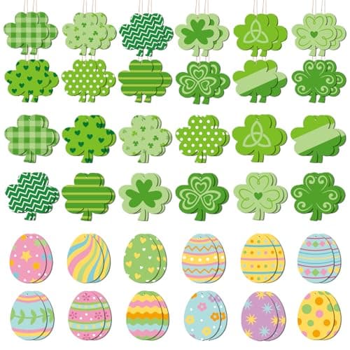 St. Patrick’s Day Ornaments, 48 Pcs Wooden Ornaments for St Patricks Easter Tree, St Patricks Hanging Ornaments with Twine for Small Tabletop Trees, Tiered Trays, Walls