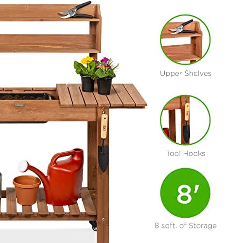Best Choice Products Mobile Garden Potting Bench, Outdoor Wood Workstation Table w/Sliding Tabletop, 4 Locking Wheels, Food Grade Dry Sink, Storage Shelves - Brown view 5