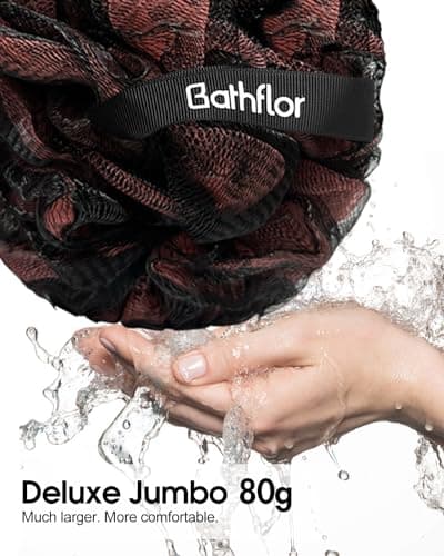 Bathflor Shower Loofah Sponge Exfoliating Body Scrubber 80g, Charcoal Loofa for Women & Men Bath Wash: 1 Long Handle Back Brush Plus 4 Packs Extra Large 80g Soft Luffa Poufs, 1 Lufa Hook (Charcoal) view 2