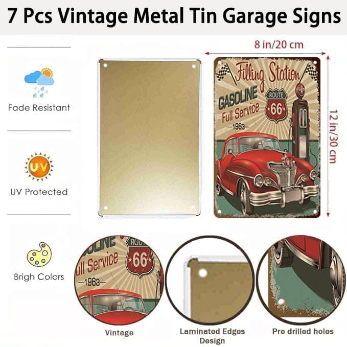 7 Pcs Vintage Metal Tin Garage Signs,Vintage Metal Tin Signs Retro Garage Signs For Men Wall Decorations Old Car Shop Posters Oil And Gas Station Sign Man Cave Decor 8×12 Inch（7pcs） view 3