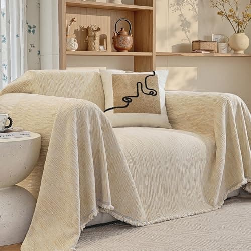 ComiComi Washable Couch Covers for Sofa Soft Cream Chenille Sofa Covers for Armchair Sectional L Shaped Pet-Friendly Couch Cover Blanket Crinkled Anti Scratch with Tassles 71" x 91"