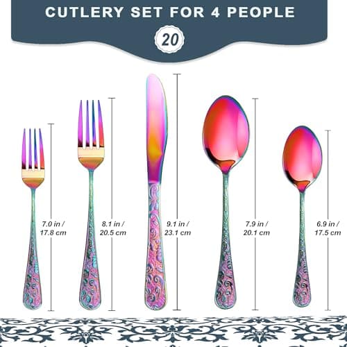Runfly Vintage Carved Rainbow Stainless Steel 20 Pieces Flatware Set, Colorful Silverware Set, Modern Embossed Cutlery Set Utensils Including Fork Spoon and Knife view 3