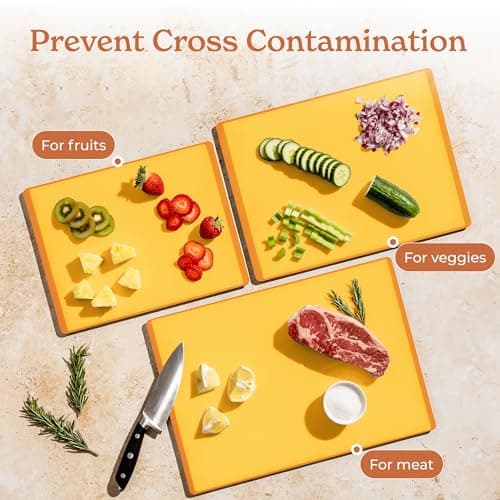 SMIRLY Plastic Cutting Board Set with Holder 3 Pieces, Non-Slip Dishwasher Safe Chopping Boards for Kitchen, Yellow view 6
