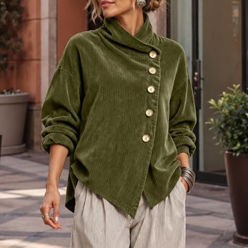 Women's Corduroy Jacket Asymmetrical Button Down Shirts Long Sleeve Coat view 4