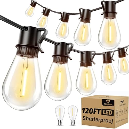 Torkase Outdoor String Lights 120FT S14 Patio Light 30+2 S14 Edison Bulbs 2200K Waterproof Connectable Dimmable Hanging Lights for Cafe Deck Party view 1