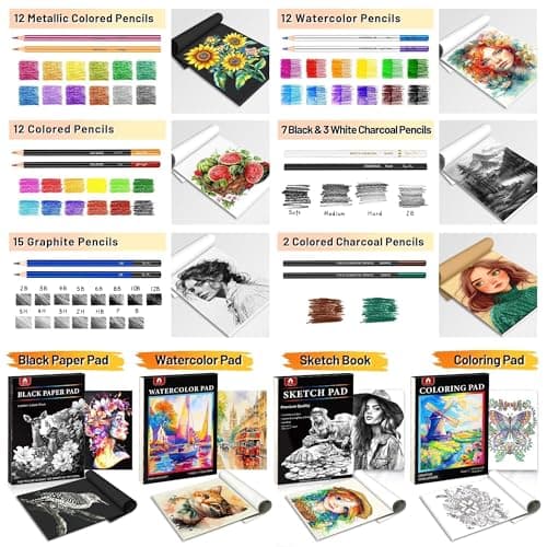 133 PCS Art Supplies Sketching Kit, Pro Drawing Pencils with Sketchbook, Coloring Book, Watercolor Pad, Black Paper Pad, Colored Graphite Charcoal Watercolor & Metallic Pencils for Artists Adults view 5