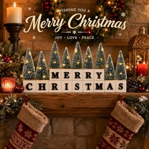 Merry Christmas Table Decor with Warm Lighted Mini Trees and 3D Letters Wooden Christmas Sign for Mantel, Shelf, Fireplace, Entryway, Rustic Farmhouse Indoor Xmas Decor view 3