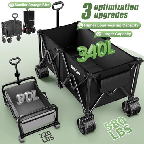 Beach Wagon Carts Foldable 580LBS Collapsible Wagon with Big All-Terrain Wheels for Sand 340L Heavy Duty Utility Carts with Cup Holders for Garden, Camping, Grocery, Black view 3