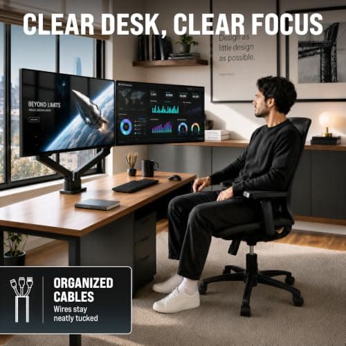 EVEO Premium Dual Monitor Mount 14"-32” Dual Monitor Arm VESA Bracket Adjustable Height Gas Spring Dual Monitor Stand, Screen Full Motion Dual Monitor Arm-Computer Monitor Stand for 2 Screens - Black view 2
