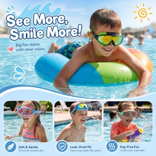 3 Pack Swim Goggles Kids Swimming Goggles with Earplugs Anti-Fog/UV Wide View Goggles for Kids 6-14 view 6