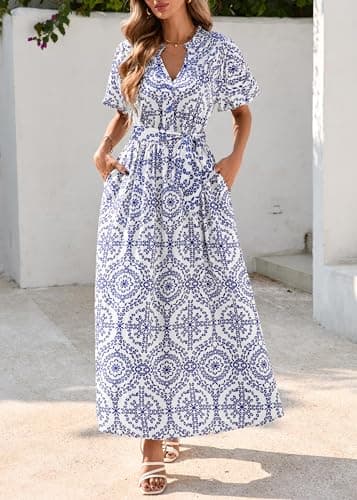 KIRUNDO Women Spring Summer Wedding Guest Boho Floral Maxi Dress Puff Sleeve Button Shirt V Neck Flowy Beach Vacation Dress view 5
