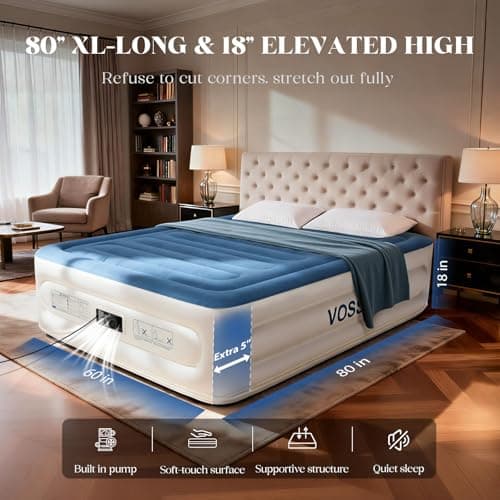 VOSSER Queen Air Mattress with Built-in Pump,18'' Raised Blow Up Mattress, Leak-Proof Air Bed with Storage Bag, Flocked Top Inflatable Mattress for Home, Camping & Guests，800lbs view 2