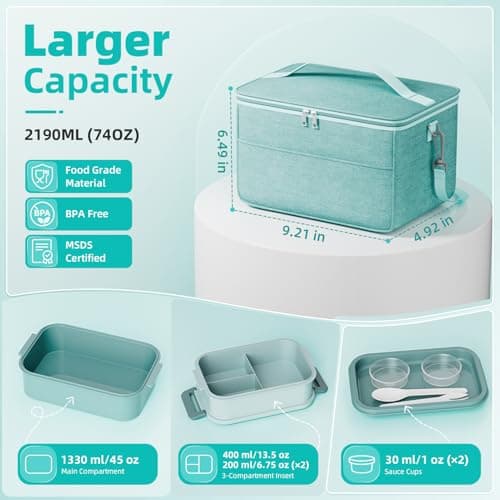 DaCool Adults Lunchbox Bento Box with Lunch Bag- 74 OZ All-in-One Stackable Lunch Box for Adults Kids Leakproof Bento Large Lunch Box Containers with Fork Spoon Sauce Box for Work School (Green) view 2