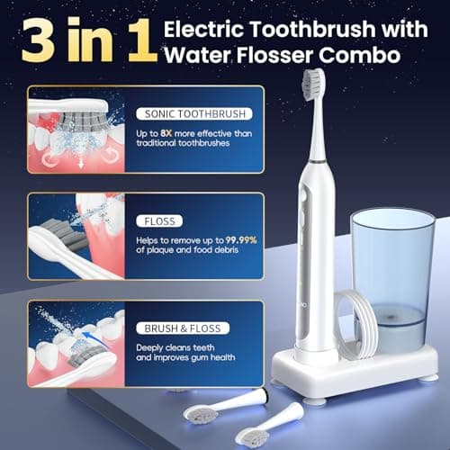 OILSAO Electric Toothbrush with Water Flosser Combo, All in One Sonic Flossing Tooth Brush,3 Modes/5 Floss Speeds,Compact Portable Detachable Handle & Cup,30-Day Battery,for Braces & Sensitive Teeth view 2