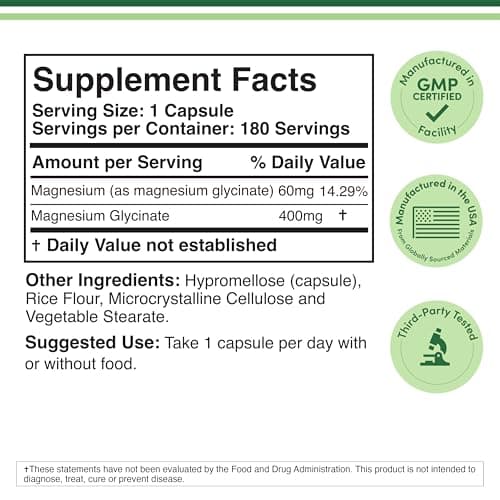 Magnesium Glycinate 400mg | 180 Capsules | Sleep, Muscle, & Heart Support | Vegan, Third Party Tested, Gluten Free, Non-GMO, by Double Wood Supplements view 2