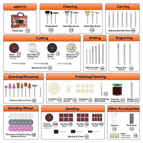 480Pcs Rotary Tool Accessories Kit, GOXAWEE 1/8 inch Shank Rotary Tool Accessory Set, Multi Purpose Universal Kit for Cutting, Drilling, Grinding, Polishing, Engraving & Sanding view 6
