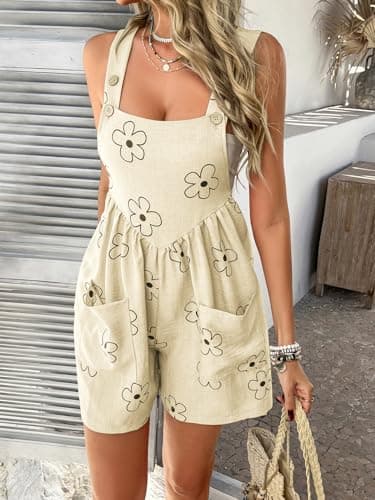 Sumleno Women 2026 Summer Rompers Floral Boho Sleeveless Back Tie Flowy Short Jumpsuits Beach Outfits Travel Vacation Clothes view 5
