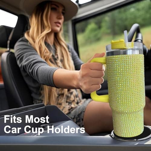 30oz Bling Rhinestone Studded Tumbler with Top Handle, Bling Cups Stainless Steel Water Bottle Diamond Glitter Tumbler for Women - Birthday Gifts for Women, Mom,Get Well Soon Gifts (Pomelo) view 4