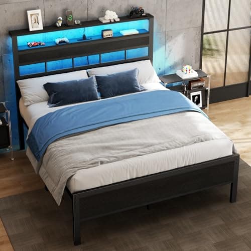 Furnulem Full Size Bed Frame with LED Light and Charging Station, Wood Storage Headboard with 2-Tier Shelves, Metal Platform Bed with Heavy Duty Slats Support, No Box Spring Needed, Black Oak view 3
