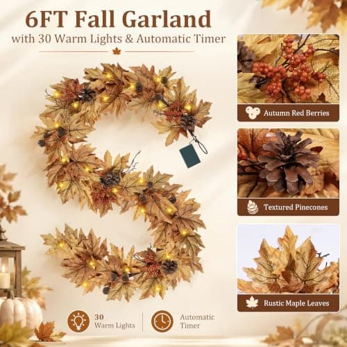 6ft Lighted Fall Garland with 30 Lights & Automatic Timer & Maple Leaves view 3
