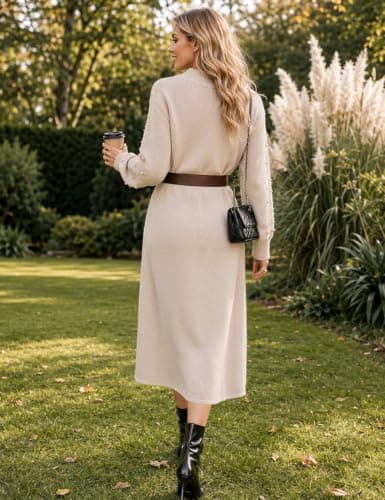 CiCiBird Womens Pearl Sweater Dress Long Sleeve Maxi Dresses | Loose Fit, Mock Neck, Puff Sleeves, Soft Knit, Gentle A Line Hem, Fall Winter, Holiday Wear, Church Events view 5