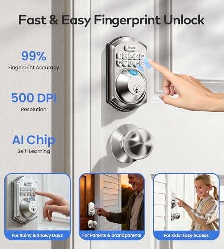 TEEHO TE012W-K WiFi Smart Keyless Entry Door Lock with Handle, Fingerprint Door Knob & Digital Keypad, APP Remote Control, Works with Alexa & Google, Electronic Deadbolt for Front Door, Satin Nickel view 5
