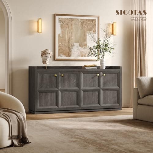 SICOTAS 4-Door Buffet Cabinet, 61.7" Wide Modern Industrial Sideboard with 2 Separate Bays & Adjustable Shelves, Extra Long Credenza with Luxury Gold Handles for Kitchen Living Room, Dark Gray Oak view 3