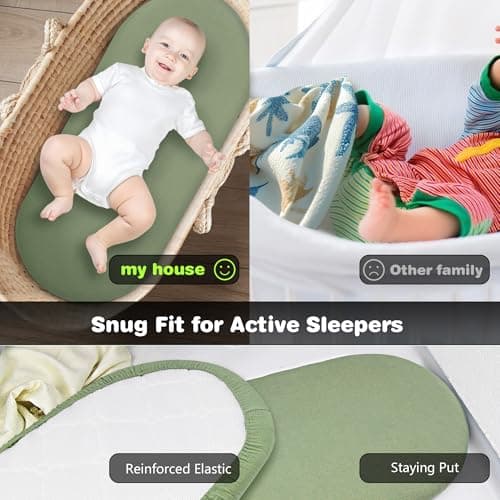 Muslin Bassinet Sheets 3 Pack, Cotton Bassinet Sheets for Baby Girl and Boy, Breathable Bedside Sleeper Bassinet Fitted Sheet, Universal Rectangle & Oval Bassinet Cover, 28x14 to 33x18, Green view 6