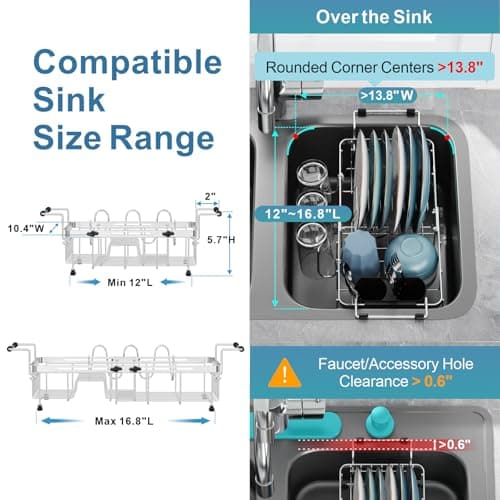 GSlife Small Sink Dish Drying Rack with Cup Holder - Expandable Stainless Steel Compact Dish Drainer for RV, Camper, Kitchen, Dish Strainer with Locking Knob, Fit Sink 11.9"-16.7" L, Silver view 3